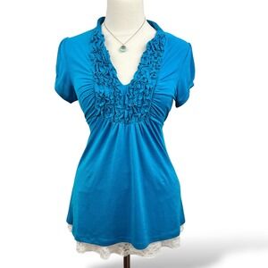 Womens S Blue Ruched Ruffle Top Tie Back Retro Office Chic Y2K HeartSoul